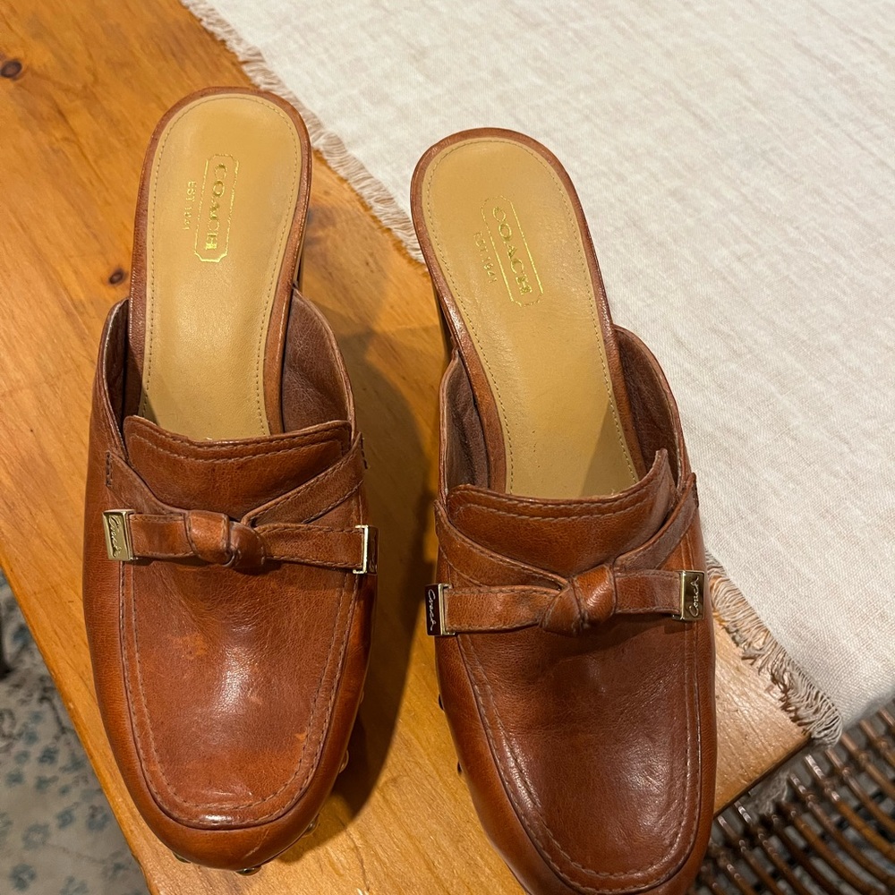 Coach Tan Leather Mules with Bow Accent